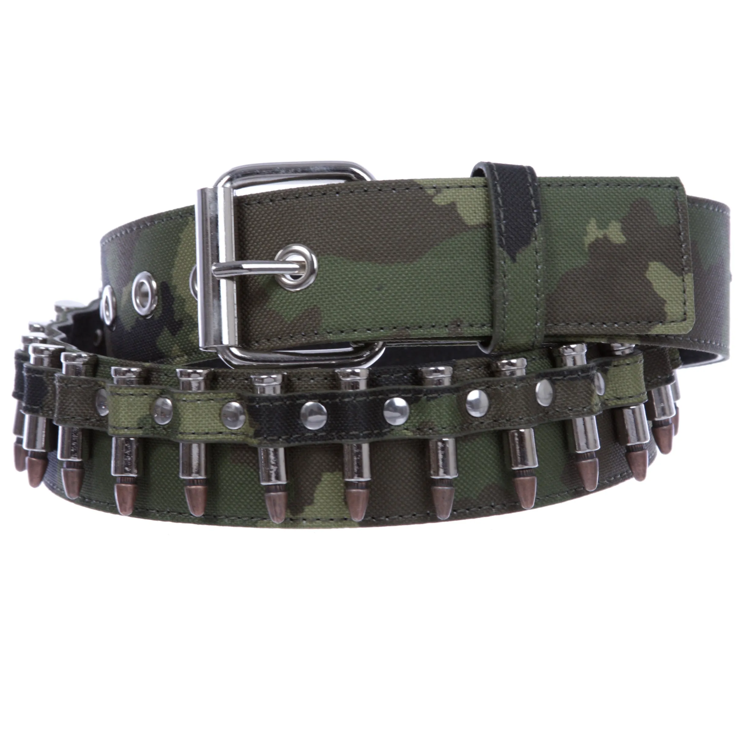 1 1/2" Snap on Bullet Hardware Stitching-edged Camouflage Canvas Studded Belt