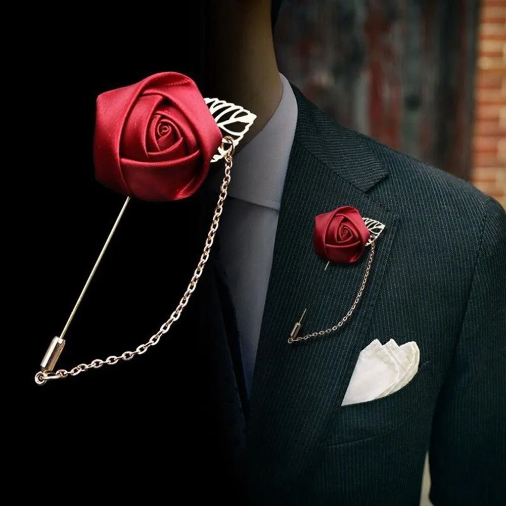 1 Pcs Men Rose Flower Golden Leaf Fashion Brooch Pin Suit Lapel New Men Wedding Boutonniere Brooch Jewelry