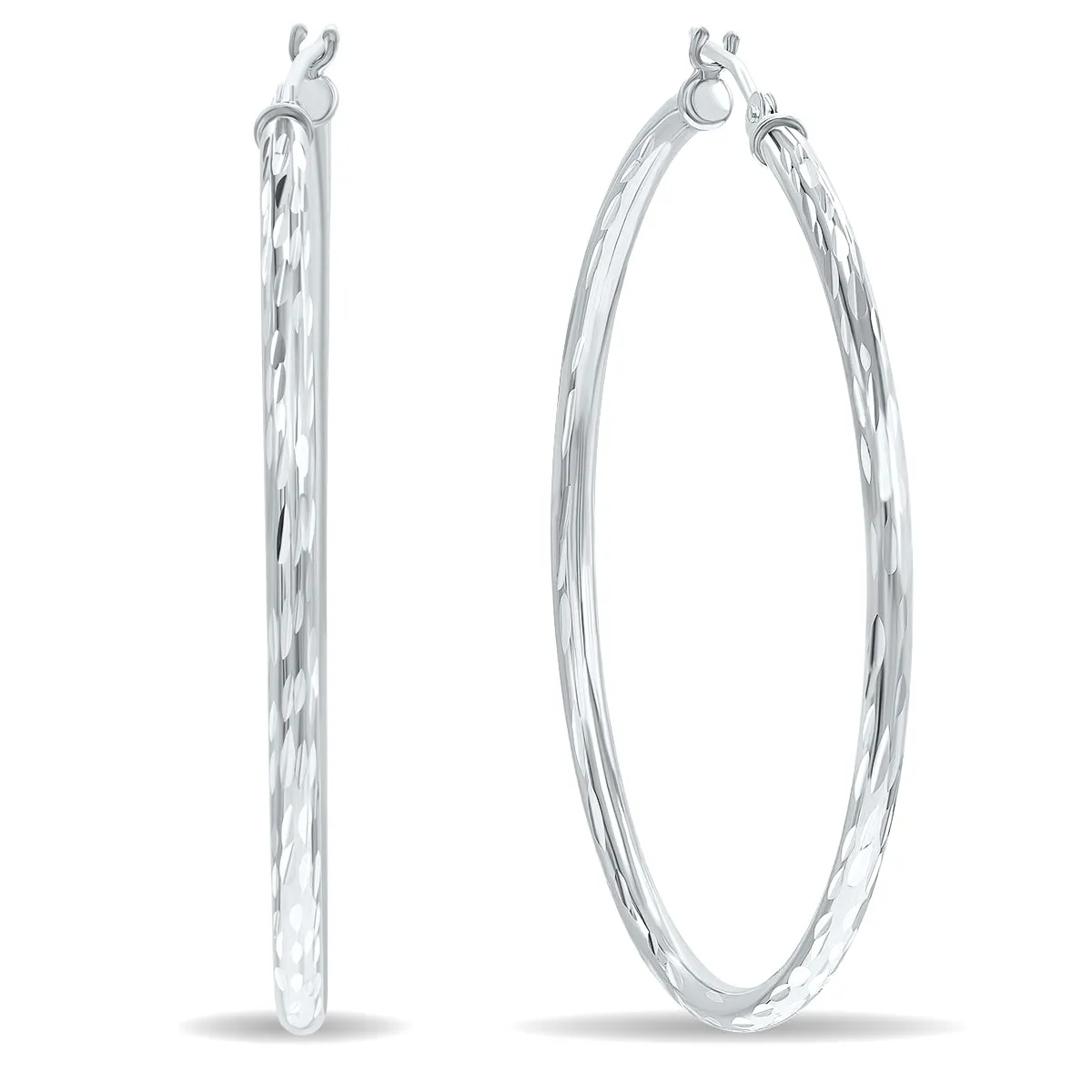 10K White Gold Shiny Diamond Cut Engraved Hoop Earrings 40Mm