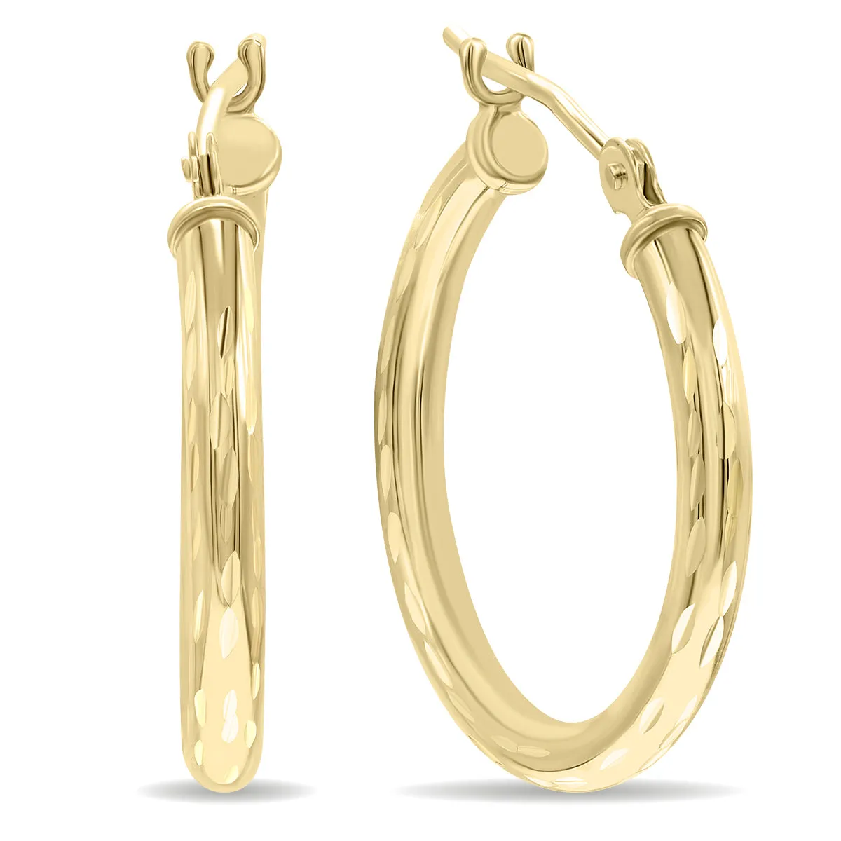 10K Yellow Gold Shiny Diamond Cut Engraved Hoop Earrings 20Mm