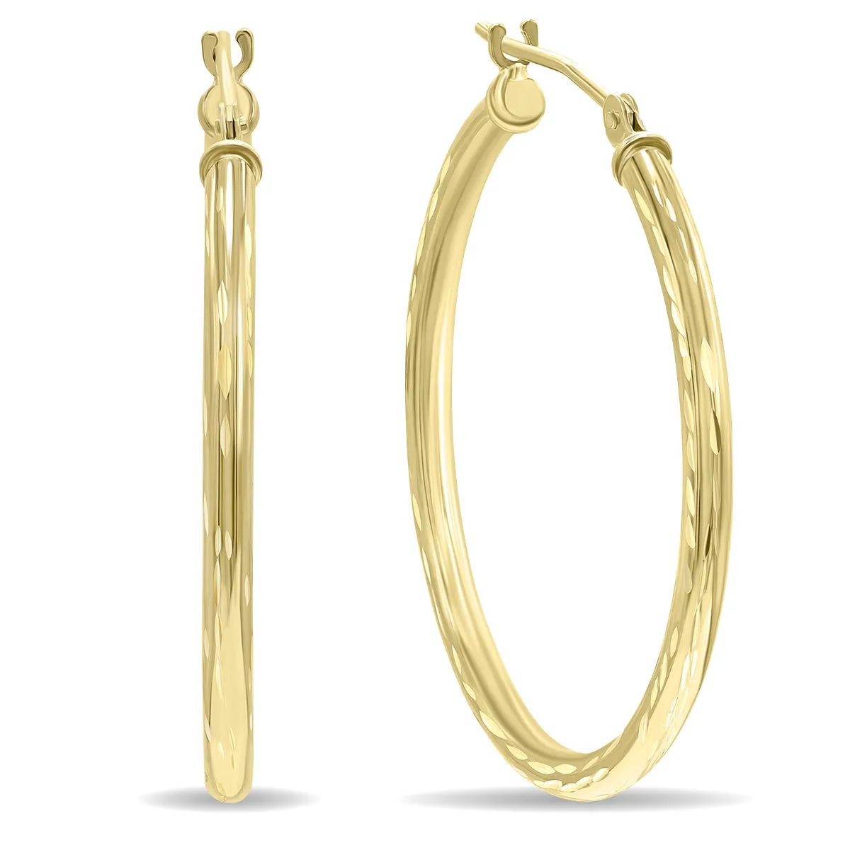 10K Yellow Gold Shiny Diamond Cut Engraved Hoop Earrings 30Mm