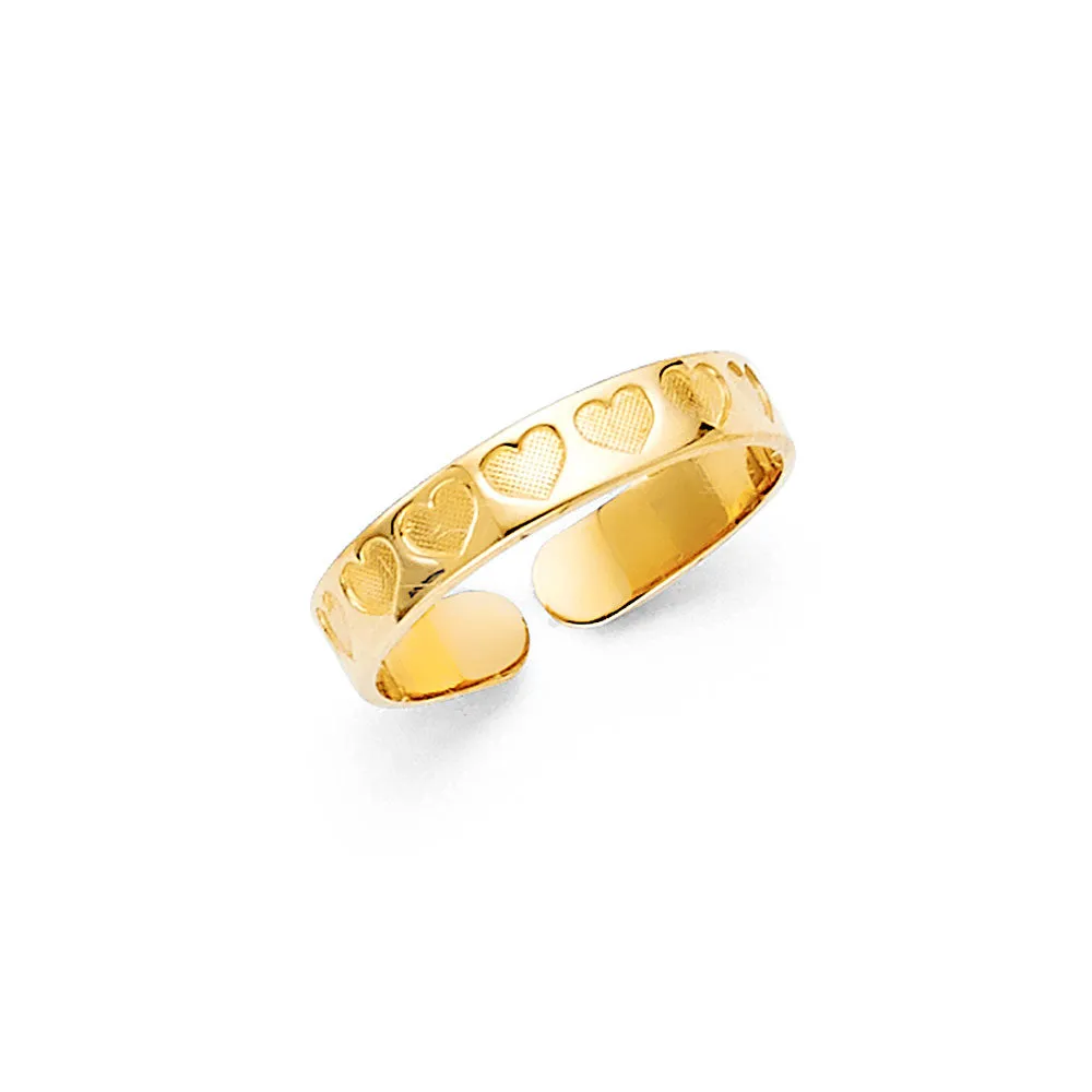 14K Solid Gold Indented Hearts Toe Ring - Size 4