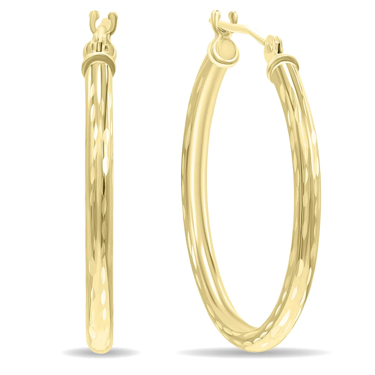 14K Yellow Gold Shiny Diamond Cut Engraved Hoop Earrings 25Mm