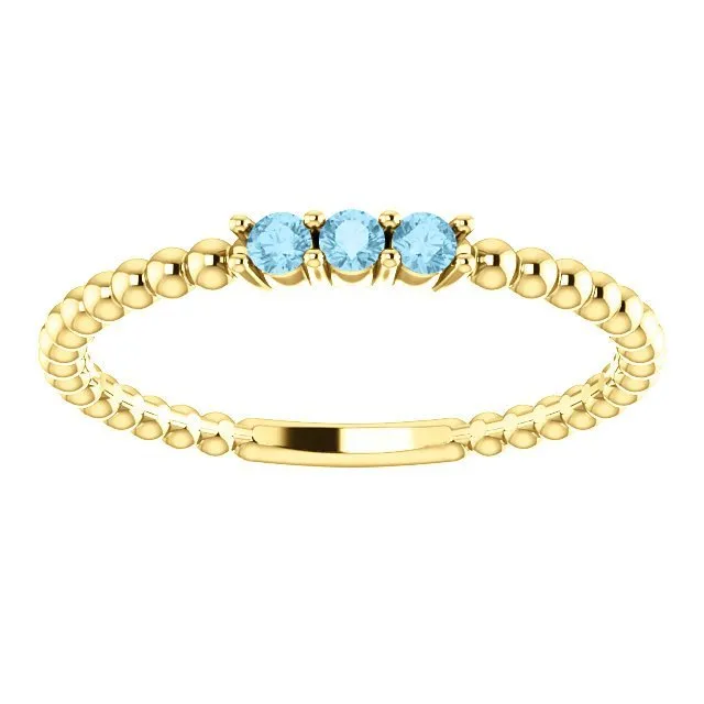 14KT GOLD 0.12 CTW AQUAMARINE 3 STONE BEADED STACKABLE RING