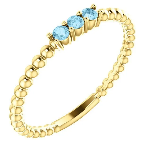 14KT GOLD 0.12 CTW AQUAMARINE 3 STONE BEADED STACKABLE RING