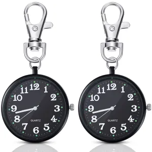 2 Pieces Quartz Pocket Watch with Key Buckle Round Pocket Watch Keychain Watch Portable Unisex Watch (Black)