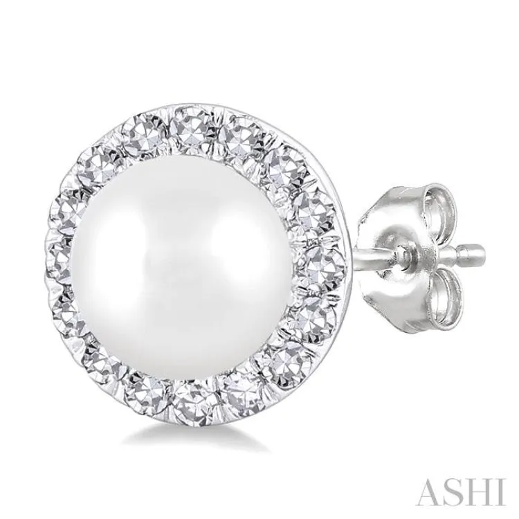 4.5MM White Pearl and 1/8 ctw Round Cut Diamond Halo Stud Earrings in 14K White Gold