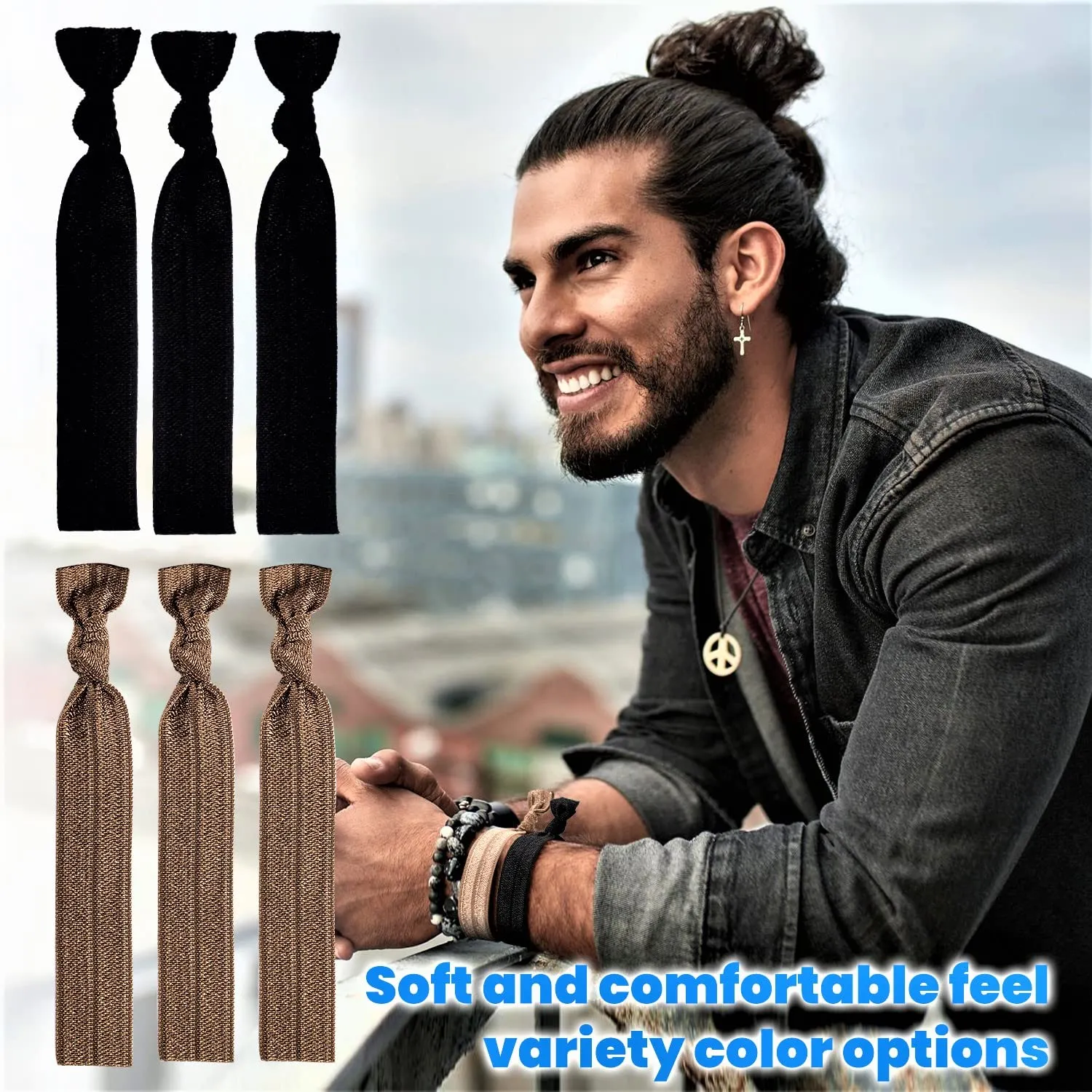 79STYLE 100pcs Men Hair Tie For Man Bun.Man Bands Hair Ties For Mens Long Hair Elastic Fabric Hair Ties Knotted Black Ribbons Knot Men's Ponytail Holders Guys (Black-100pcs)