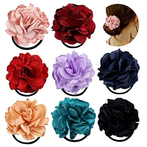 8 Pack Colorful Handmade Flower Hair Bow Elastic Stretchy Rubber Band Ponytail Scrunchies