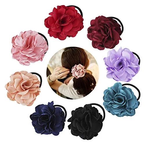 8 Pack Colorful Handmade Flower Hair Bow Elastic Stretchy Rubber Band Ponytail Scrunchies