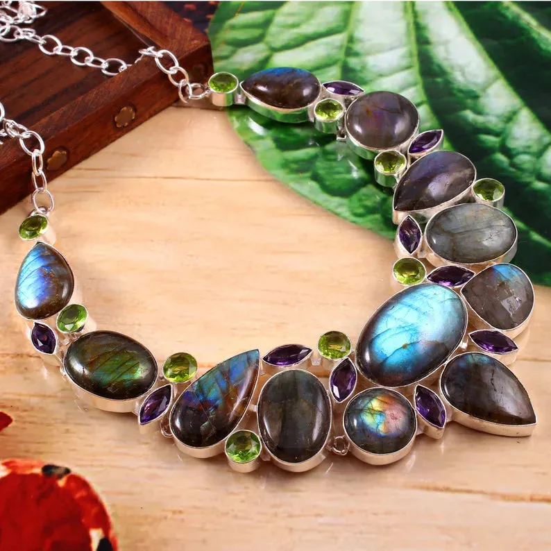 Amethyst,Labradorite And Peridot Bib Necklace For Women - 925 Sterling Silver Necklace