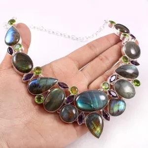 Amethyst,Labradorite And Peridot Bib Necklace For Women - 925 Sterling Silver Necklace