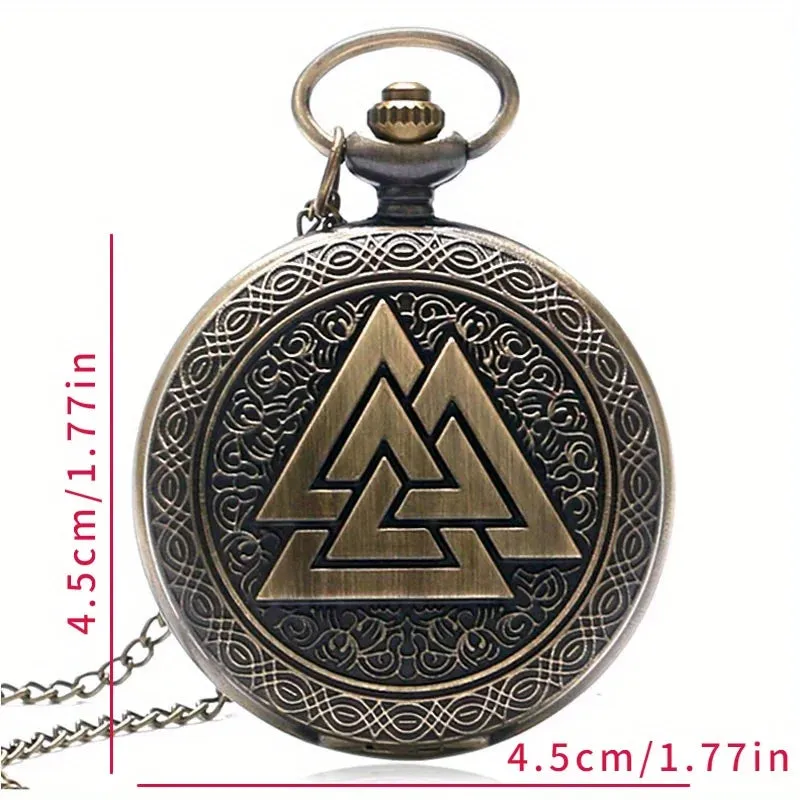 Antique Bronze Viking Triangle Sign Glass Cabochon Quartz Pocket Watch