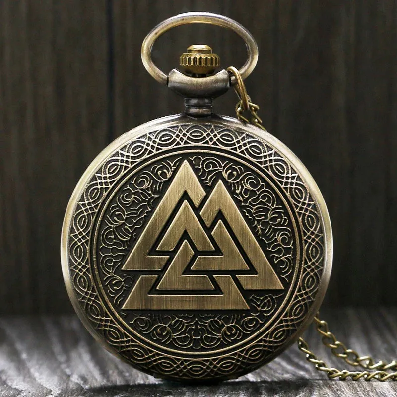 Antique Bronze Viking Triangle Sign Glass Cabochon Quartz Pocket Watch