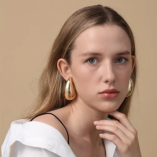 Apsvo Earring Dupes Chunky Gold Hoop Earrings for Women, Tear Drop Dangle Earrings, Teardrop Lightweight Water Drop Earrings for Women Girls Fashion Trendy Hypoallergenic Jewelry