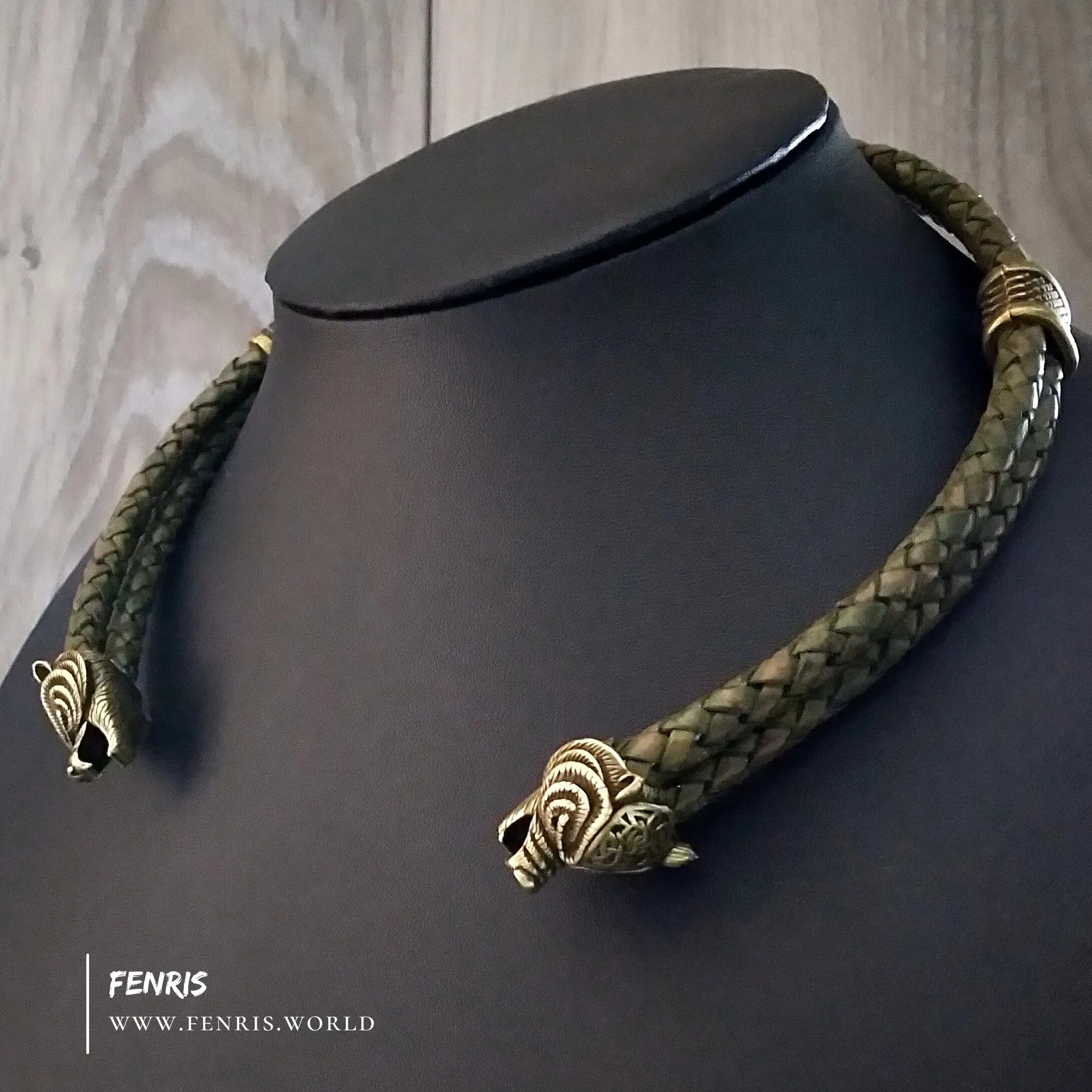 Bear Torc Bronze Green Leather Double Band | Fenris