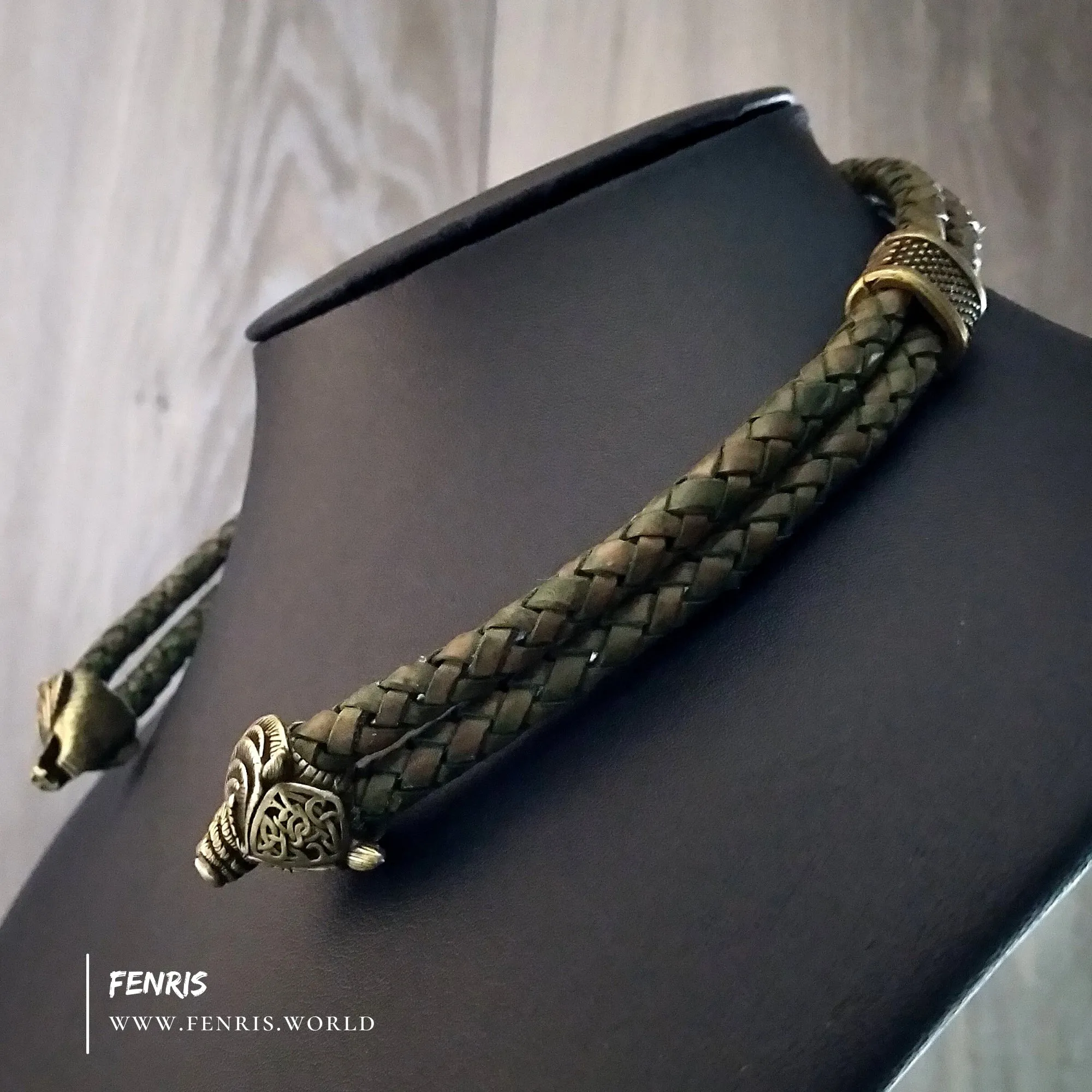 Bear Torc Bronze Green Leather Double Band | Fenris