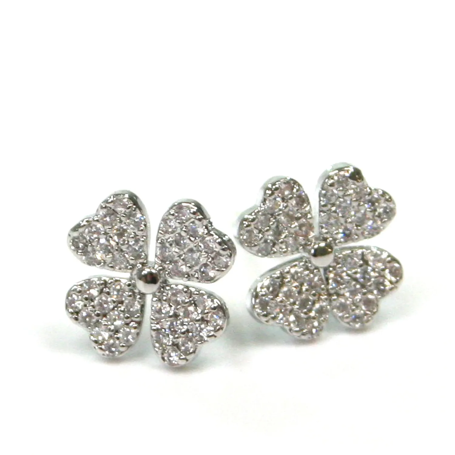 Black Ginger Diamante Four Leaf Clover Stud Earrings - Platinum Plated