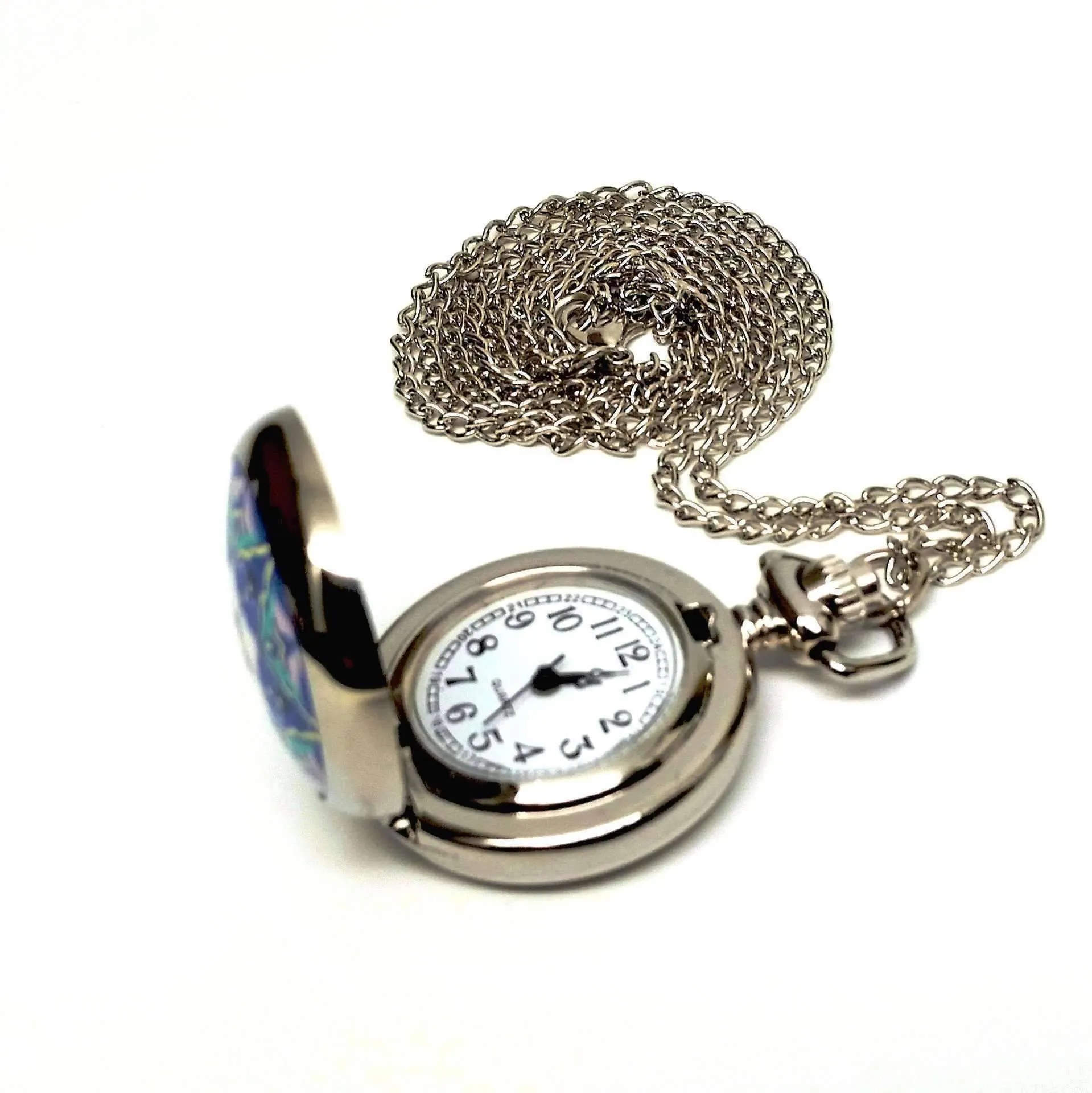 Blue and White Floral Vintage Style Mini Pocket Watch For Woman