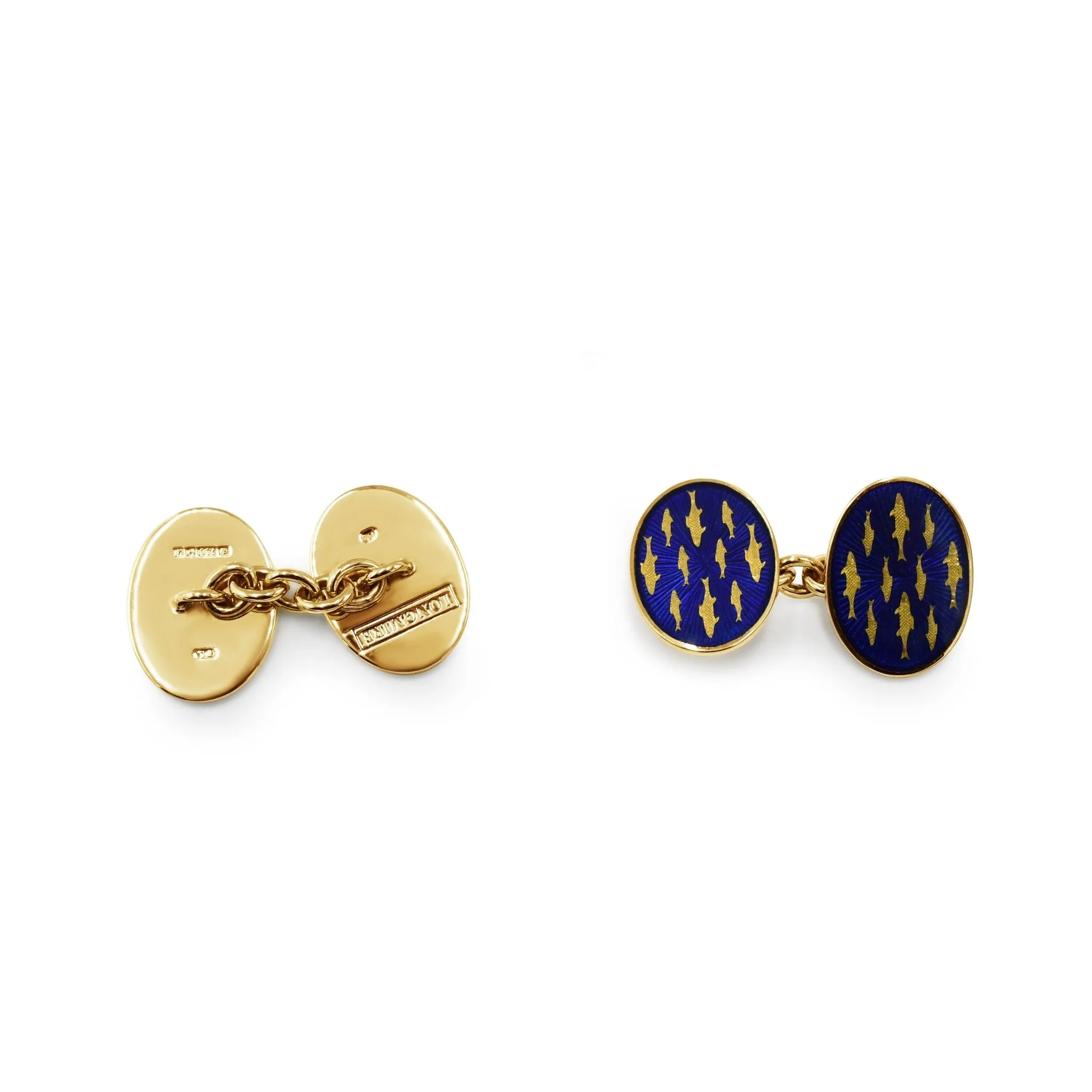 Blue Enameled Oval Fish Cufflinks By Longmire - 18ct Yellow Gold