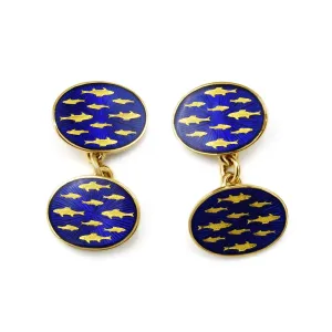 Blue Enameled Oval Fish Cufflinks By Longmire - 18ct Yellow Gold