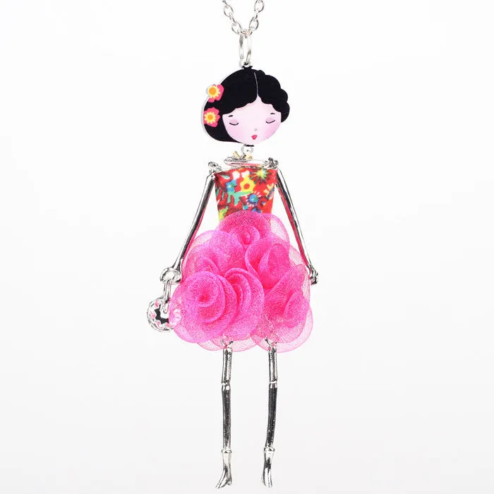 Bonsny French Paris Doll Necklace Dress Flower Long Chain Alloy Doll Pendant Fashion Jewelry For Women News Accessories