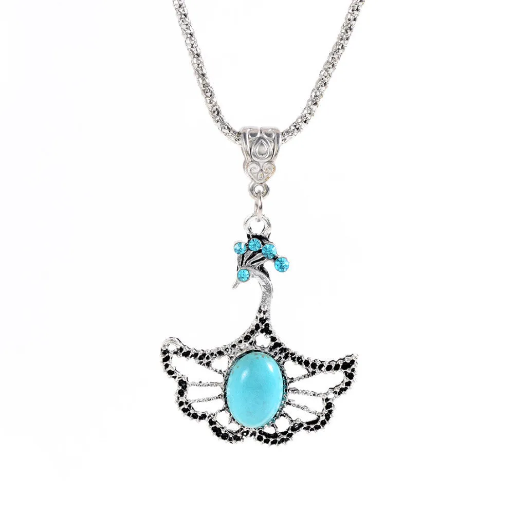 Christmas Antique Hollow Tibetan Silver Butterfly Crystal Turquoise Pendant Chain Necklace Clothes for Women