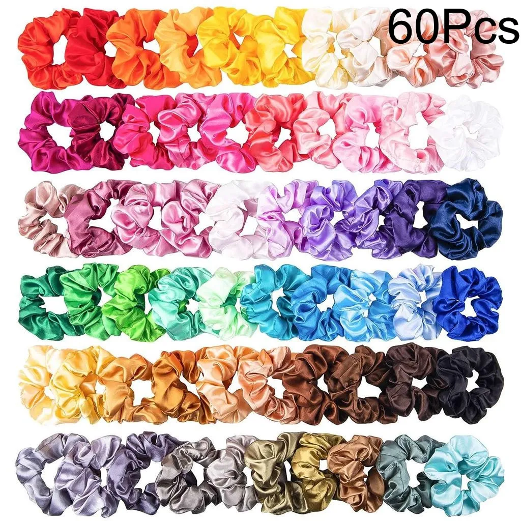 Colorful Silk Satin Scrunchie Set 60Pcs Strong Elastic Bobble Hair Bands Traceless Hair Rope Accessory for Ponytail Holder