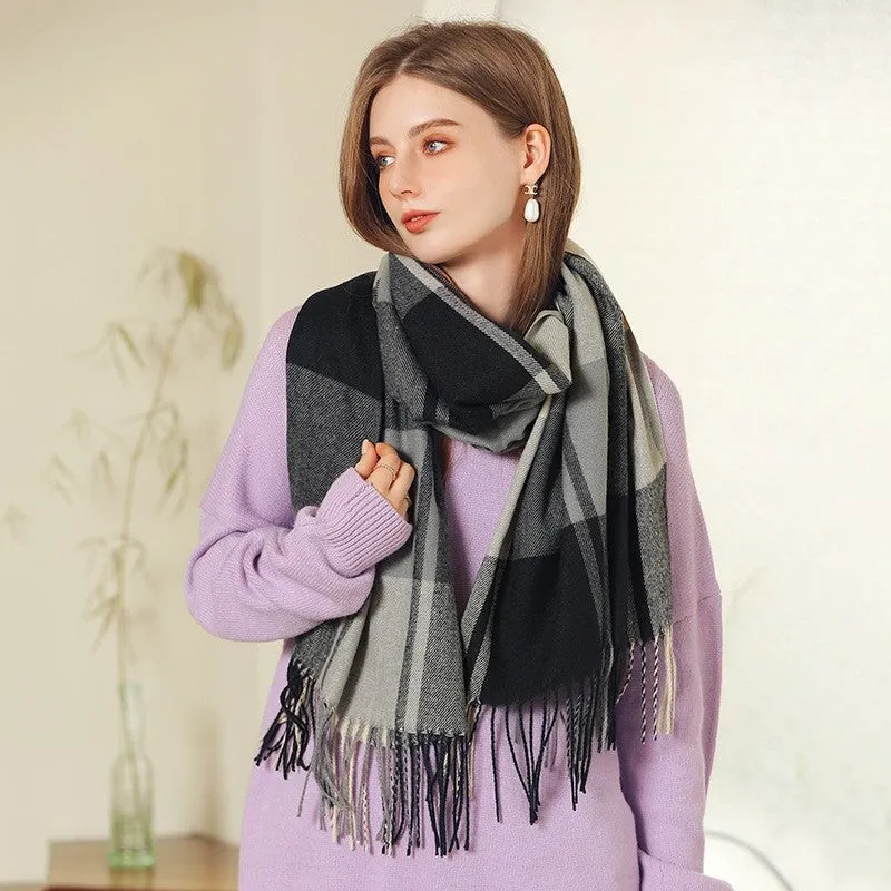 Contrast Color Plaid Tassel Imitation Cashmere Shawl Scarf