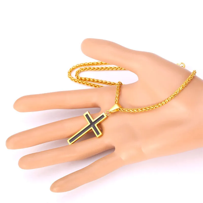 Cross Necklace For Men Jewelry Trendy Gold Plated Stainless Steel Religious Christian Black Cross Pendant & Necklace