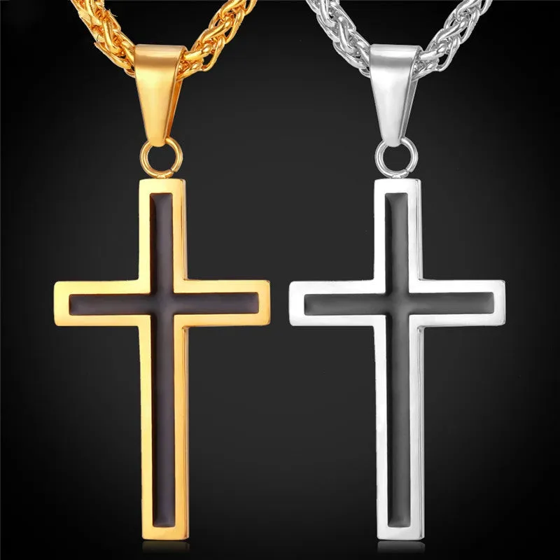 Cross Necklace For Men Jewelry Trendy Gold Plated Stainless Steel Religious Christian Black Cross Pendant & Necklace