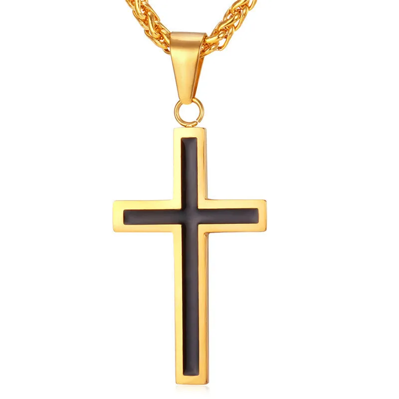 Cross Necklace For Men Jewelry Trendy Gold Plated Stainless Steel Religious Christian Black Cross Pendant & Necklace