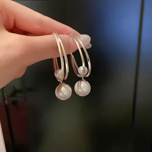 Double Hoop Pearl Drop Earrings