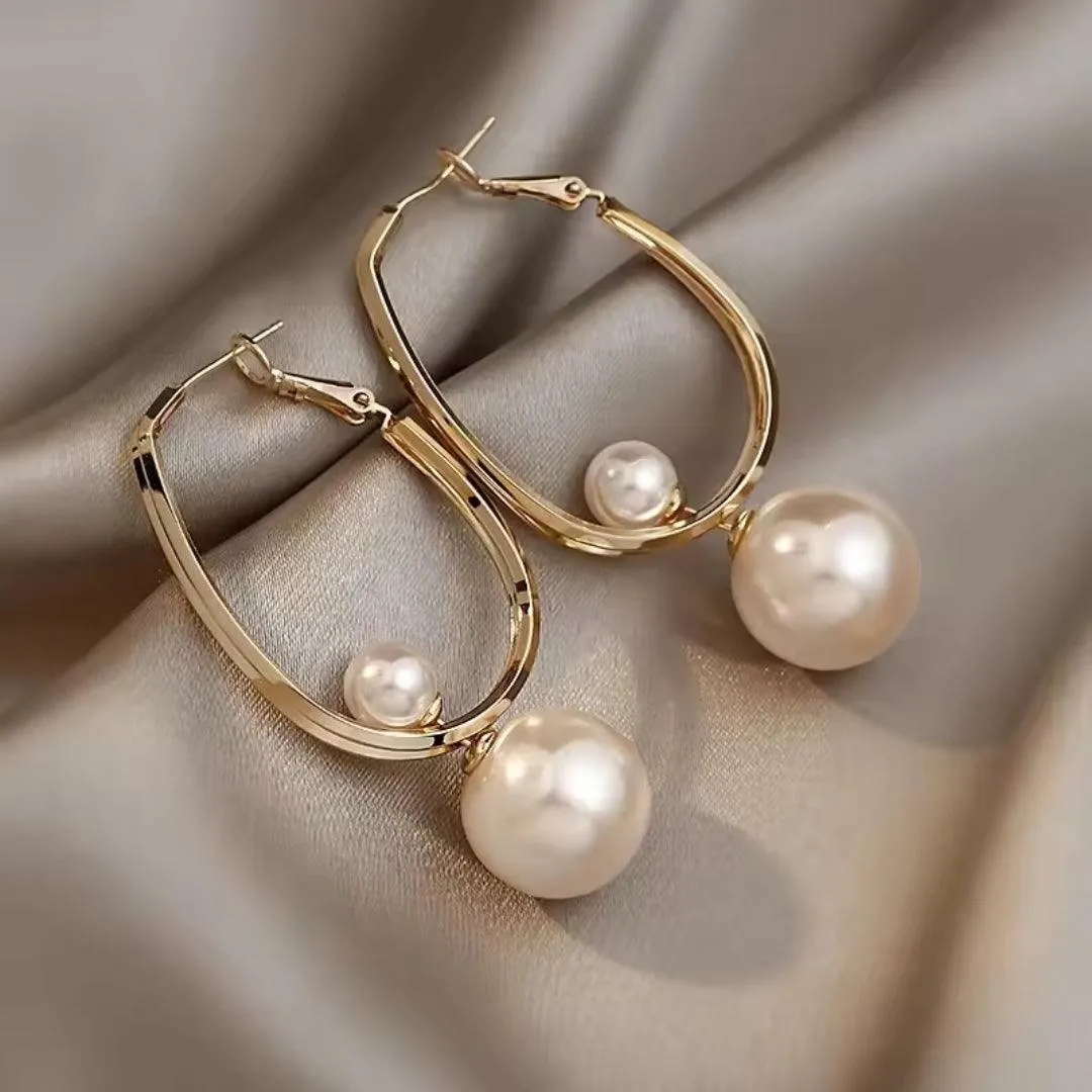 Double Hoop Pearl Drop Earrings