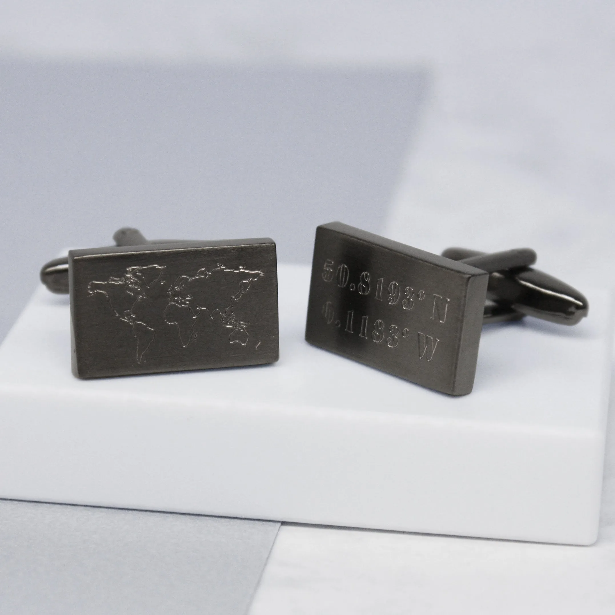 Engraved World Map and Coordinates Cufflinks