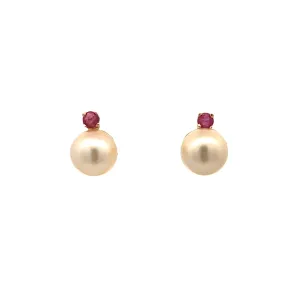 Estate 14K Yellow Gold Ruby & 7mm Pearl Stud Earrings