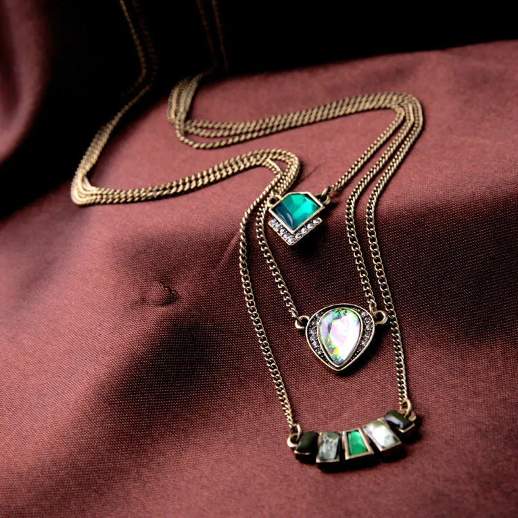 Fashion Personality Geometric Emerald Pendant Three Layers Brand Necklace