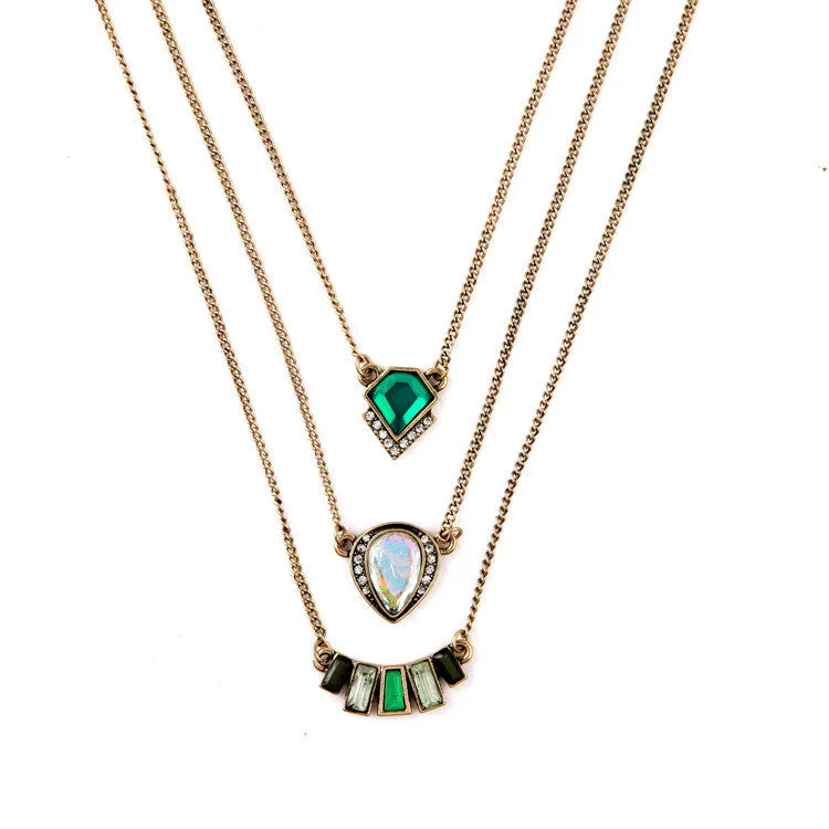 Fashion Personality Geometric Emerald Pendant Three Layers Brand Necklace