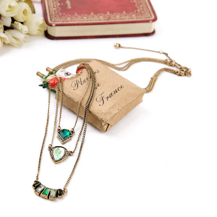 Fashion Personality Geometric Emerald Pendant Three Layers Brand Necklace