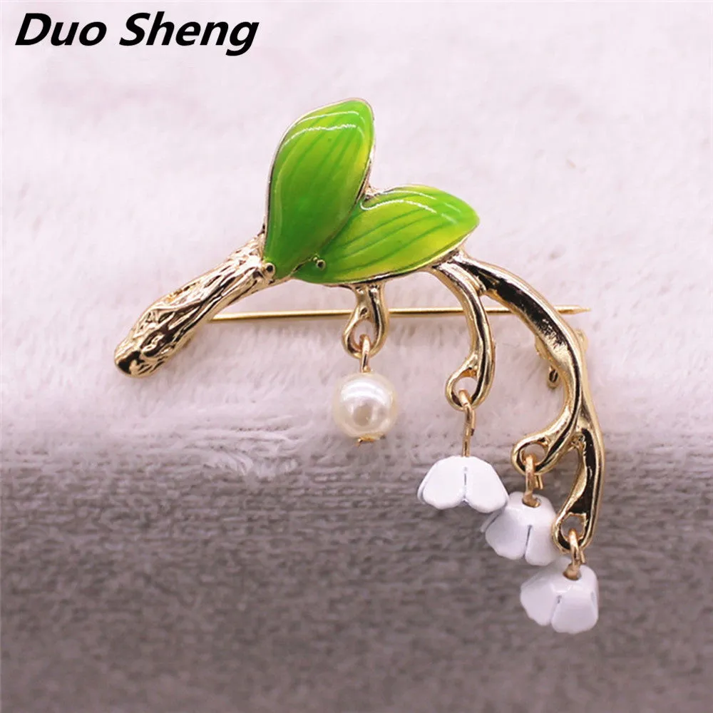 Forest series green enamel plant style drop glaze alloy tree branch Imitation pearl girl collar pin brooch factory direct sale