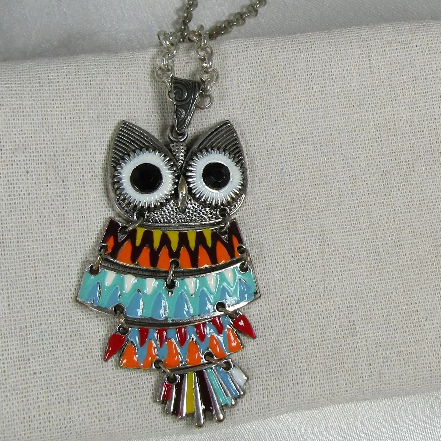 Fun Colorful Hoot Owl Pendant on  Aluminum Chain Necklace