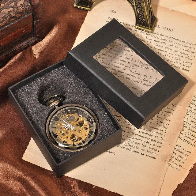 Gold Silver Bronze Black Fashion Men Vintage Hand Wind Pocket Watch Antique Cool Mechanical Pocket Watch With Necklace Chain