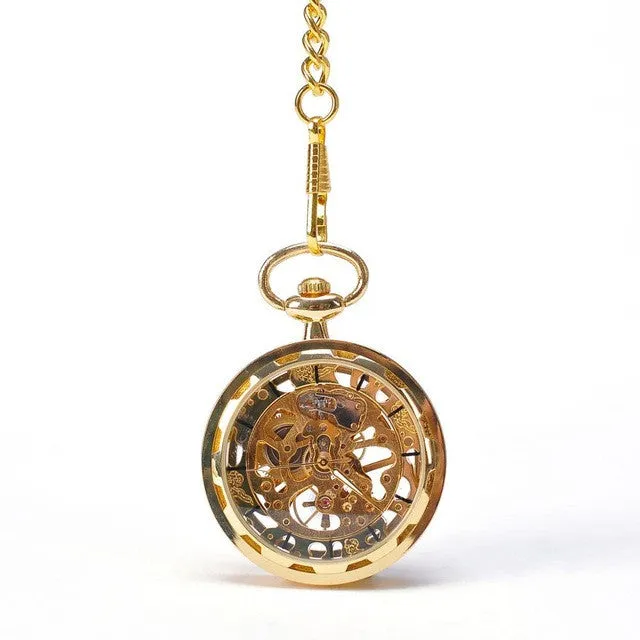 Gold Silver Bronze Black Fashion Men Vintage Hand Wind Pocket Watch Antique Cool Mechanical Pocket Watch With Necklace Chain