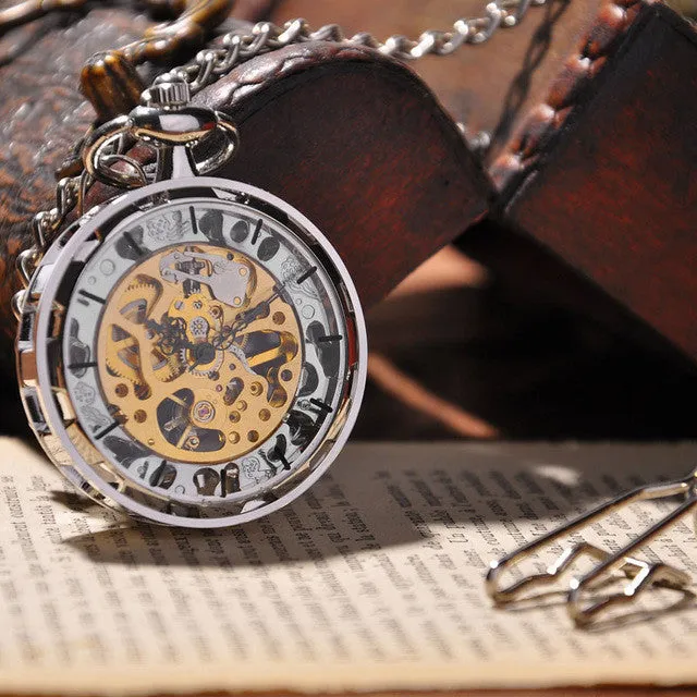 Gold Silver Bronze Black Fashion Men Vintage Hand Wind Pocket Watch Antique Cool Mechanical Pocket Watch With Necklace Chain