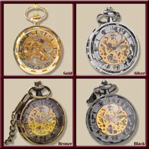 Gold Silver Bronze Black Fashion Men Vintage Hand Wind Pocket Watch Antique Cool Mechanical Pocket Watch With Necklace Chain