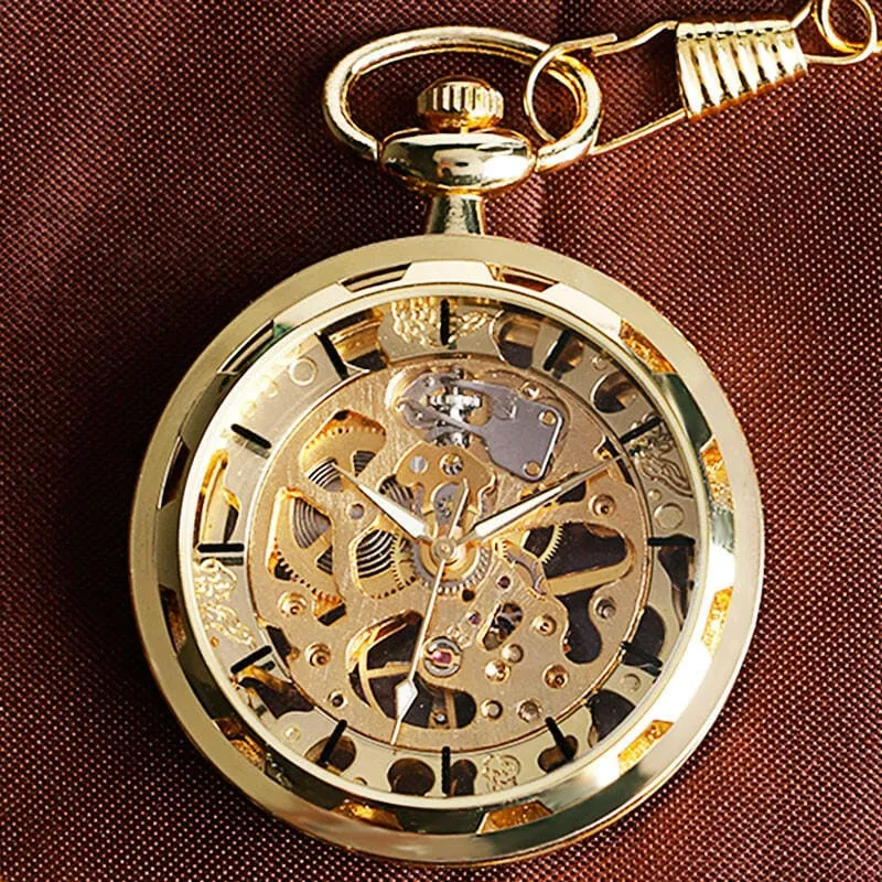 Gold-toned Steampunk Skeleton Mechanical Fob Pocket Watch