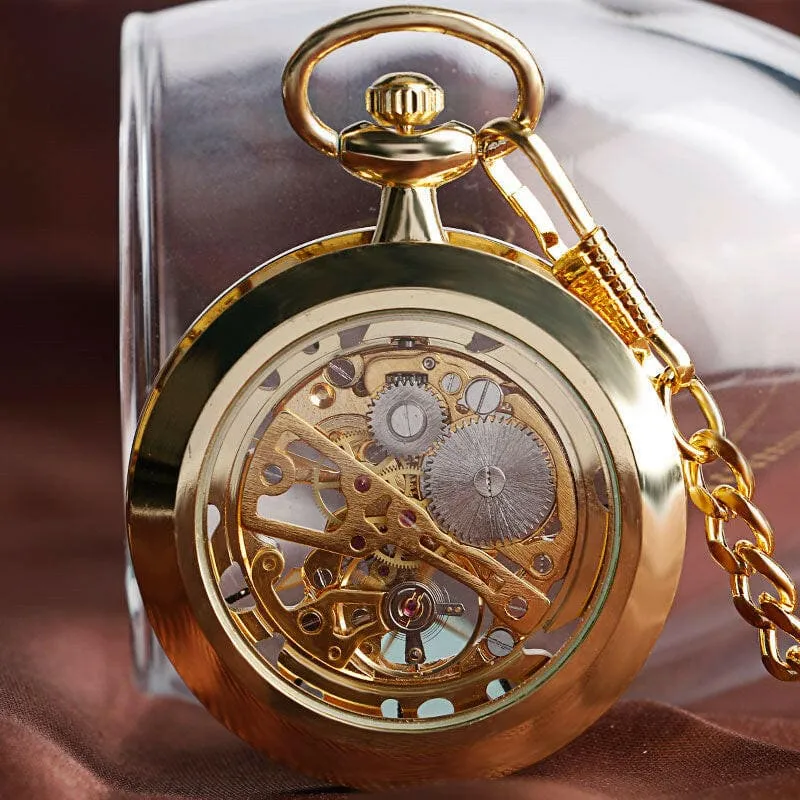 Gold-toned Steampunk Skeleton Mechanical Fob Pocket Watch