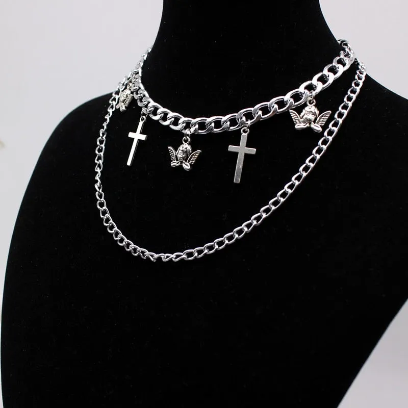 Goth Streetwear Necklaces Grunge Cross Pendants Neck Chain Indie Jewelry