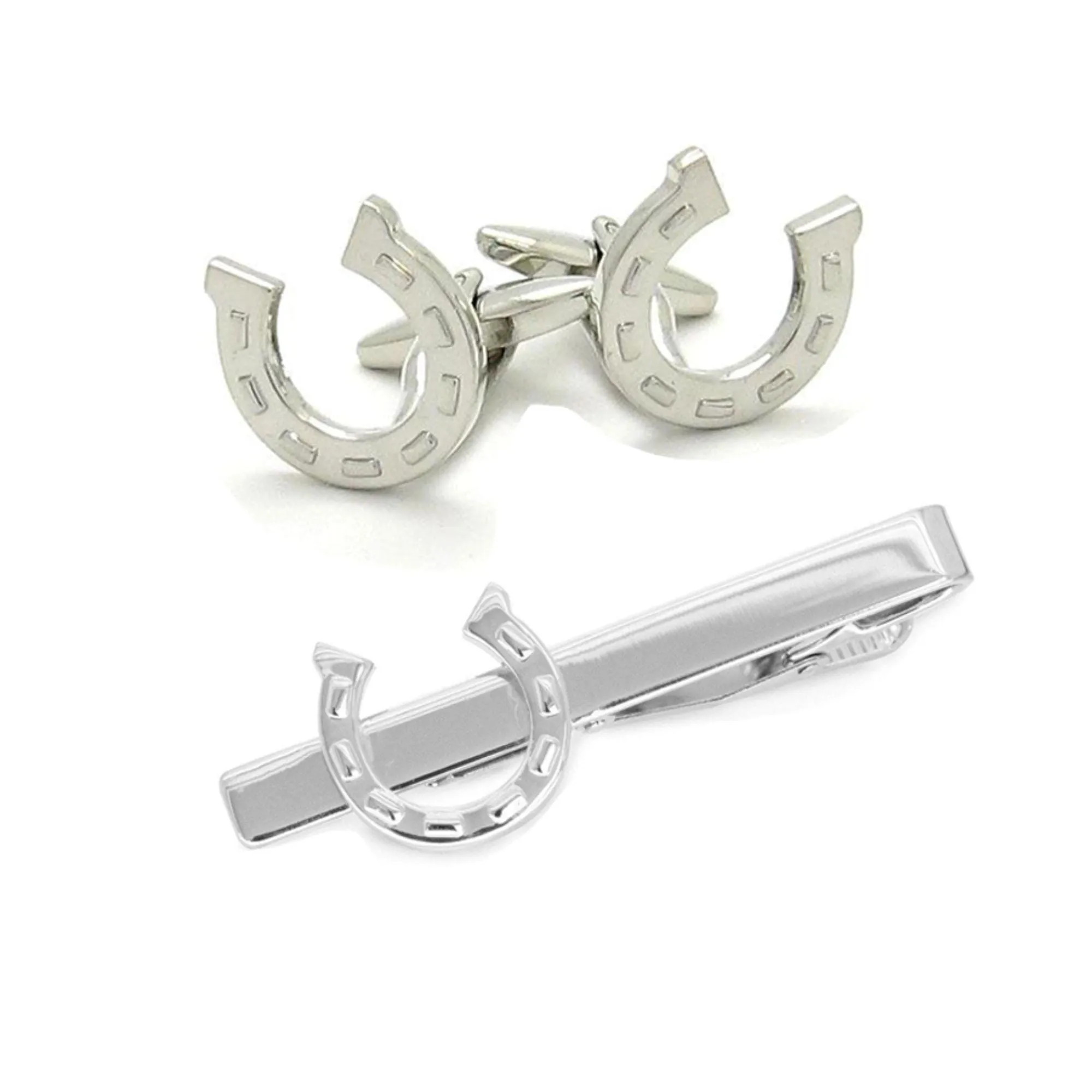 Horseshoe Silver Cufflinks & Tie Clip Set