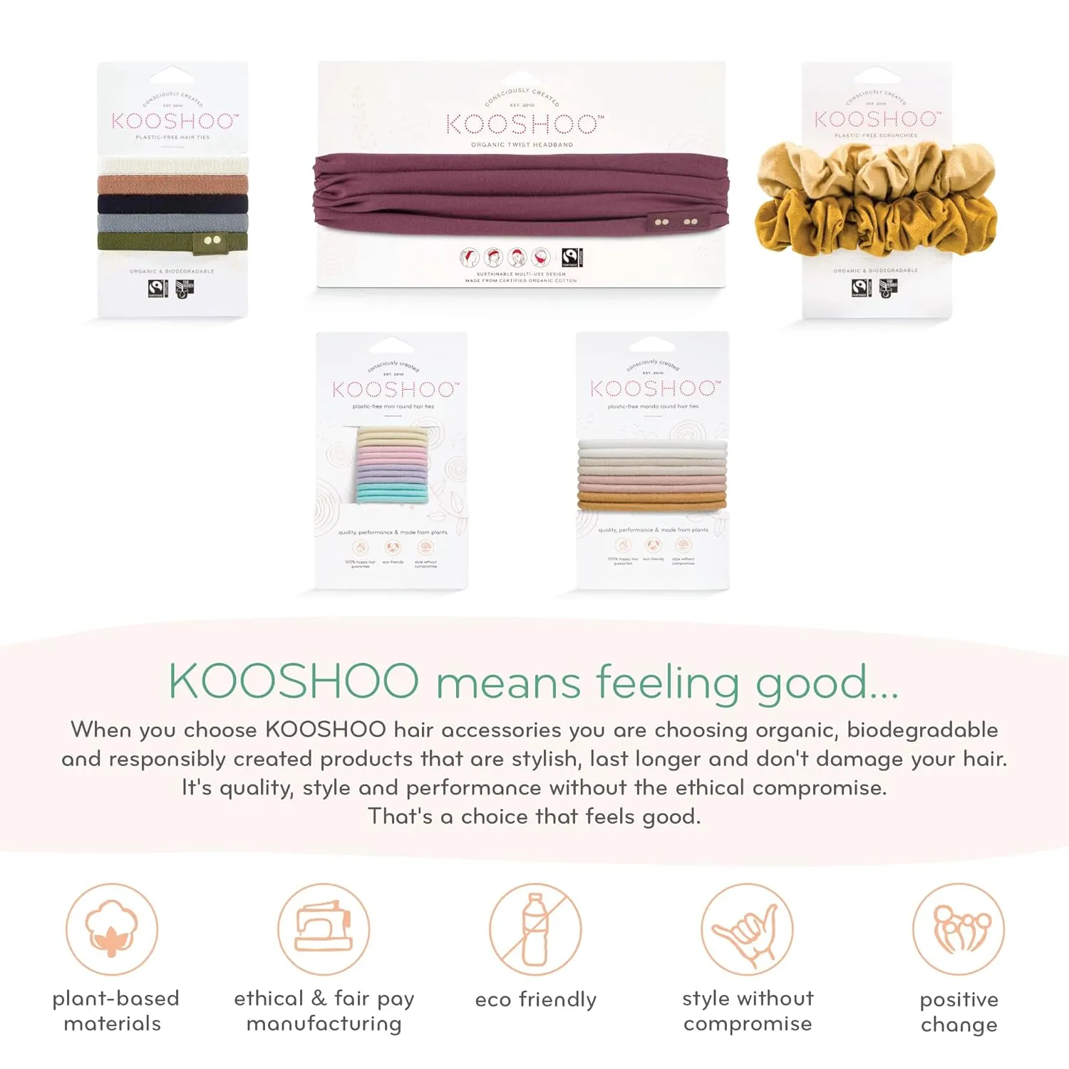 KOOSHOO Organic Cotton Hair Ties - No-Damage, Plastic-Free, Fair Trade - 5ct, Navy